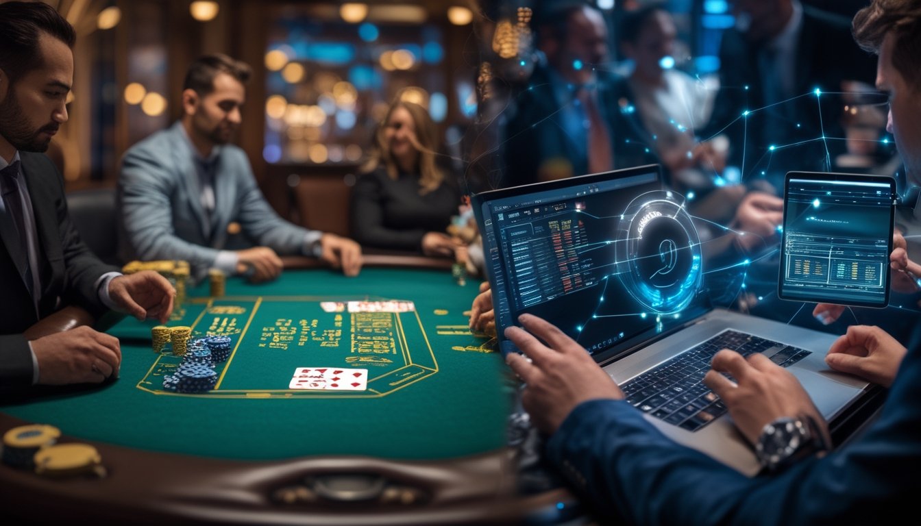 Perbandingan suasana poker tradisional di meja kasino dengan permainan poker digital menggunakan perangkat modern.