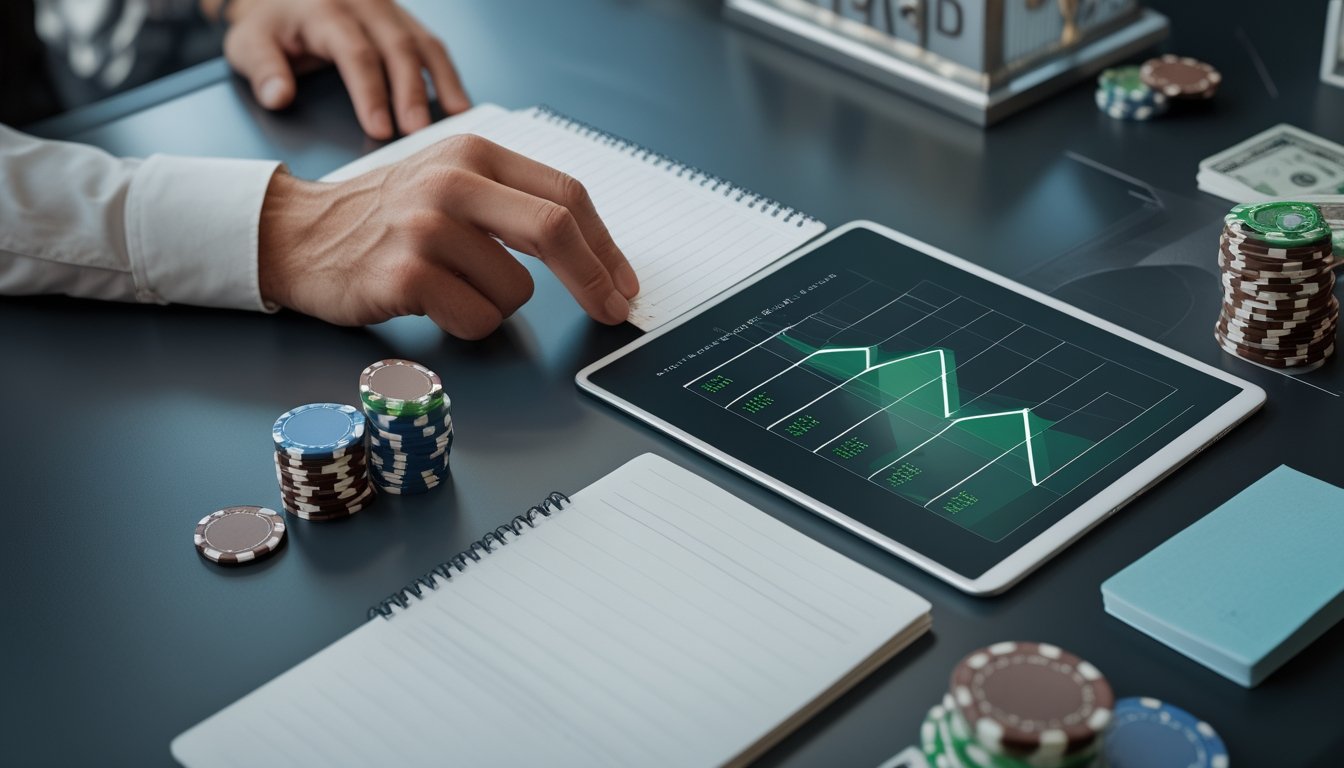 Pemain poker menata keping poker dan mencatat anggaran di meja kerja dengan grafik keuangan abstrak pada tablet.