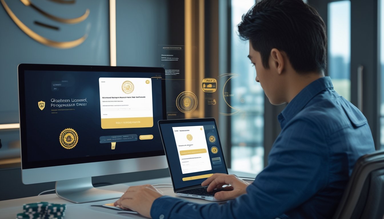 Seseorang memeriksa platform poker daring dengan simbol keamanan, lisensi, dan perlindungan dari bot.