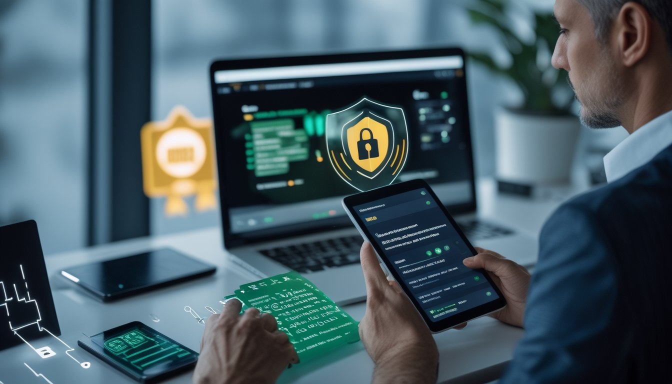 Orang dewasa memeriksa keamanan dan lisensi platform poker digital di laptop dan tablet dengan simbol perisai serta gembok.