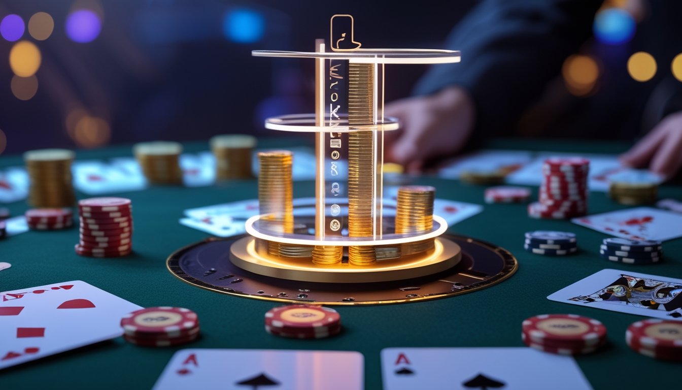 Meja poker modern dengan kartu, keping taruhan, dan tampilan jackpot bercahaya yang meningkat.