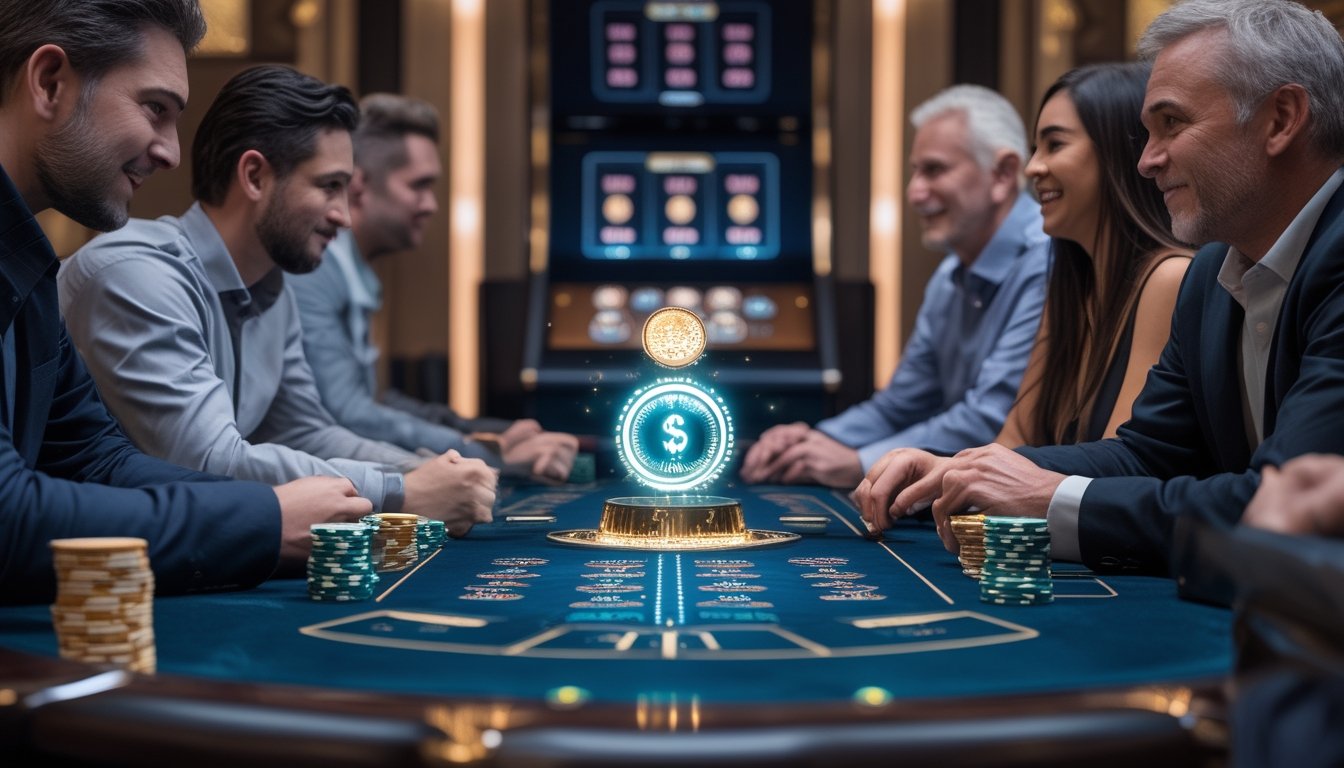 Sekelompok pemain dewasa bermain poker di meja dengan kartu, chip, dan indikator jackpot bercahaya.