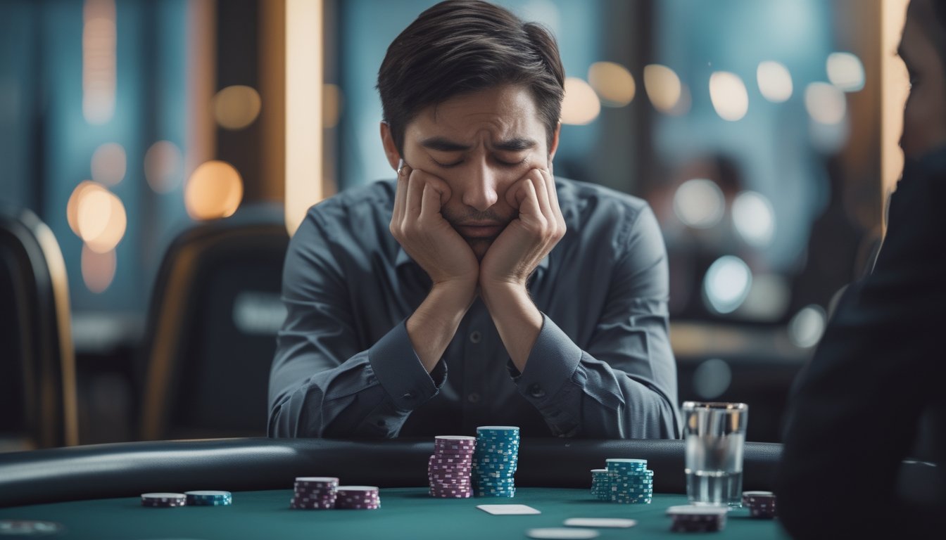 Seorang pemain poker menarik napas dengan tenang di meja setelah mengalami kekalahan.