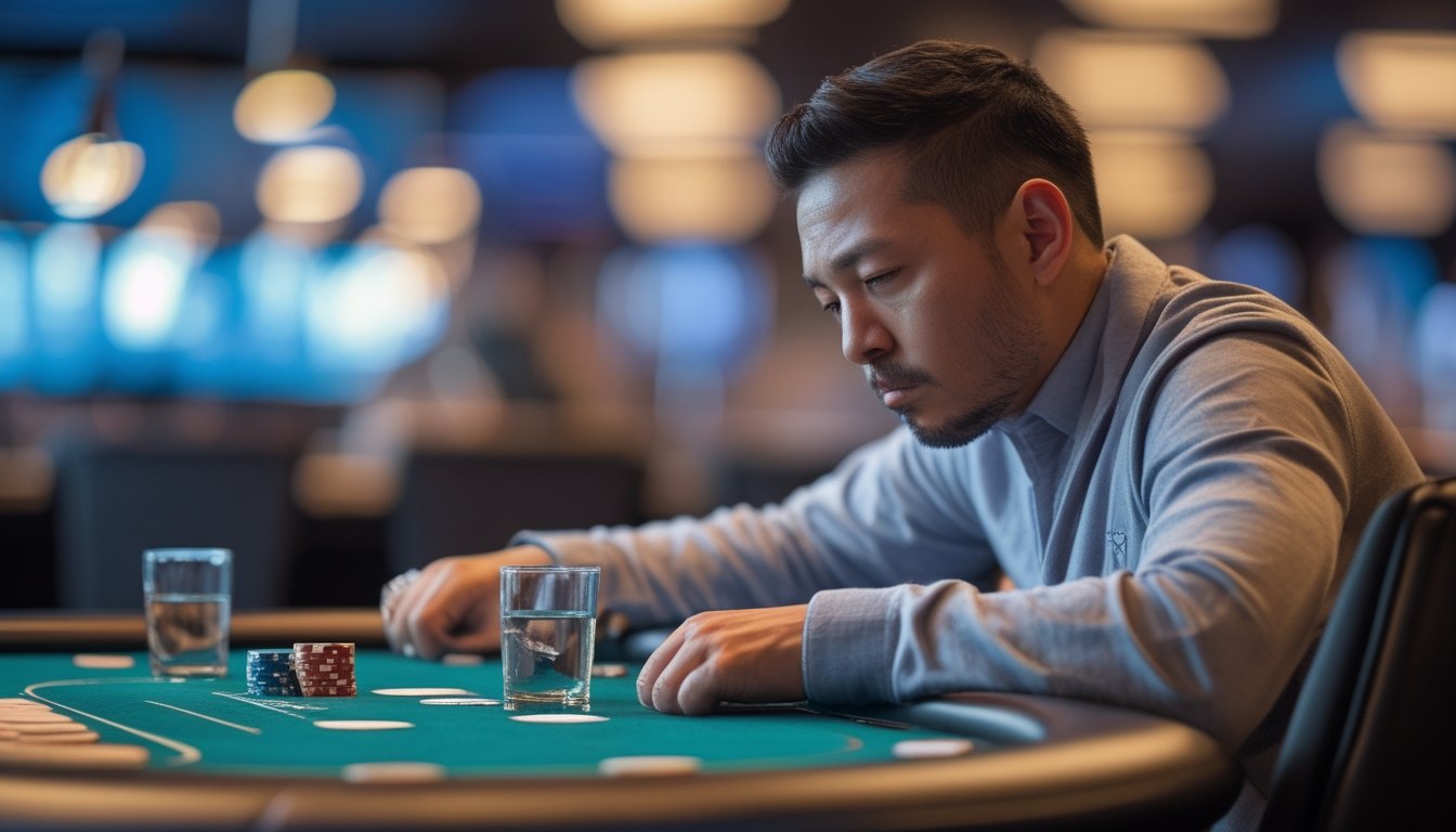 Pemain poker menenangkan diri dan berpikir sebelum mengambil keputusan setelah mengalami kekalahan beruntun.