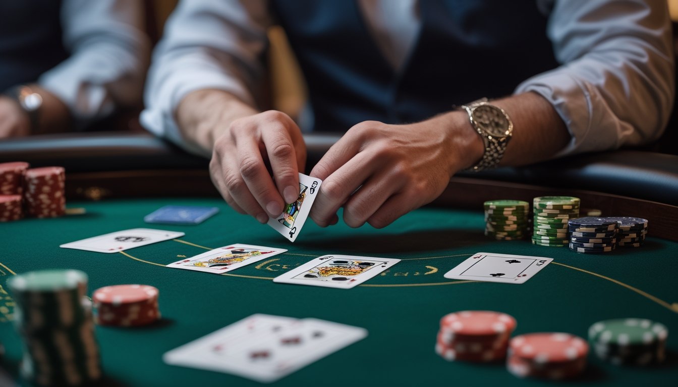 Pemain poker memegang beberapa kartu dengan tenang di meja yang dipenuhi keping taruhan.