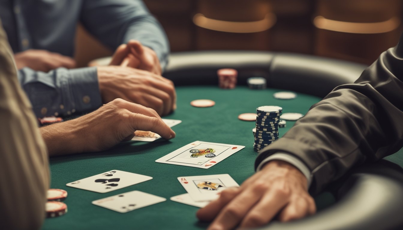 Dua pemain poker mengamati kartu dan bahasa tubuh lawan di meja permainan.