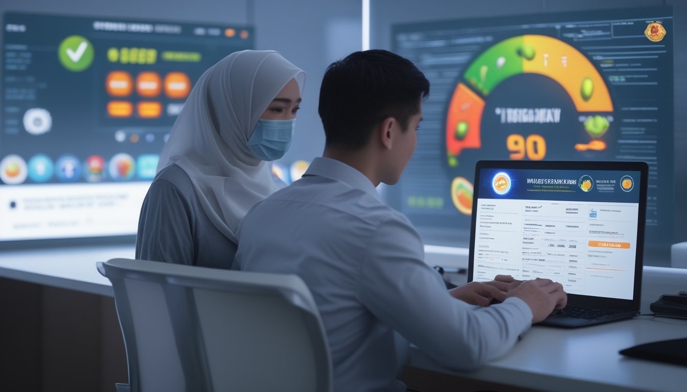 Seorang pengguna meninjau platform permainan buah bersama perwakilan profesional dengan simbol keamanan dan verifikasi di lingkungan kantor modern.