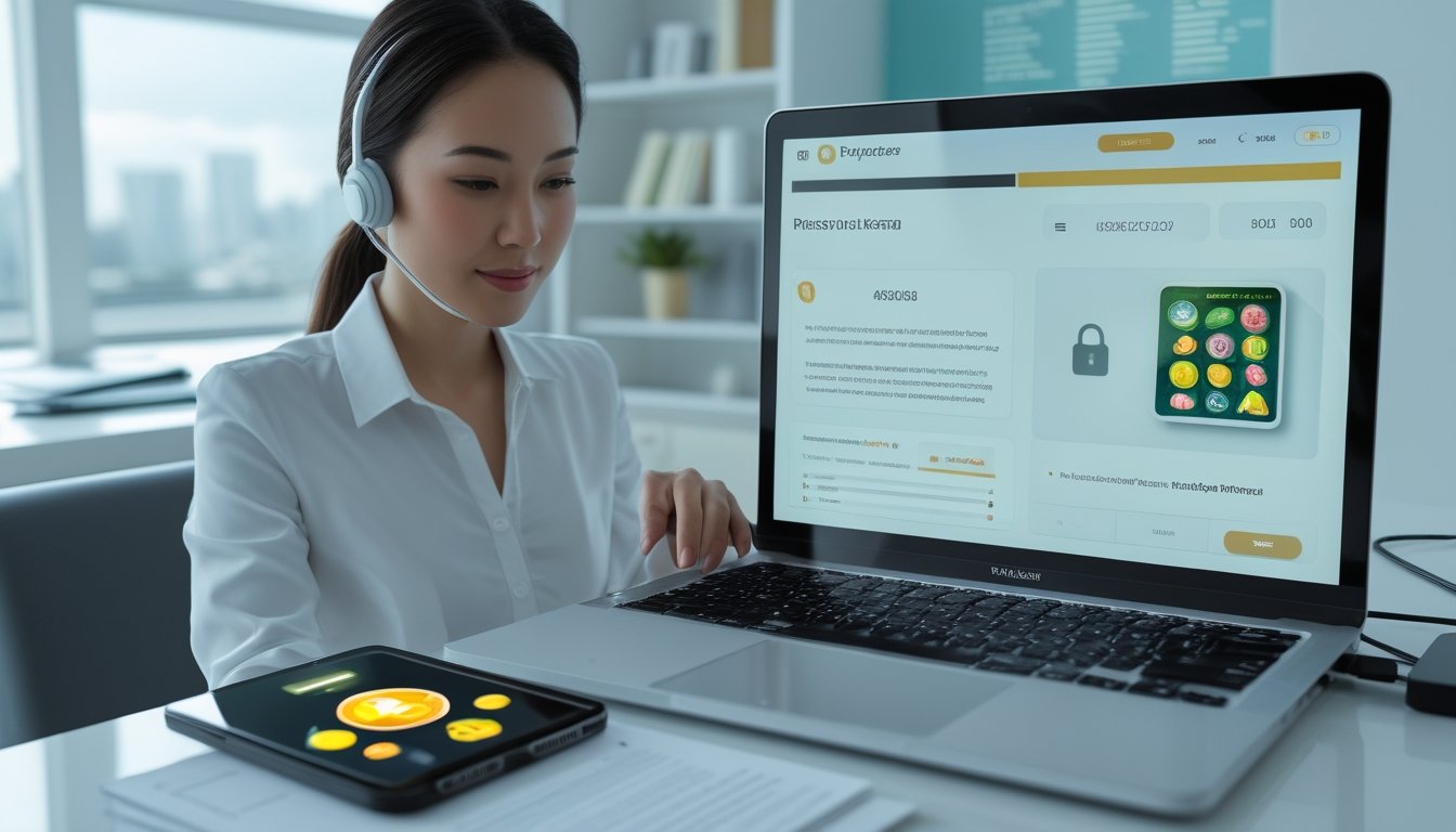 Seorang profesional memeriksa platform digital terverifikasi di laptop dengan simbol keamanan dan permainan buah di ponsel.