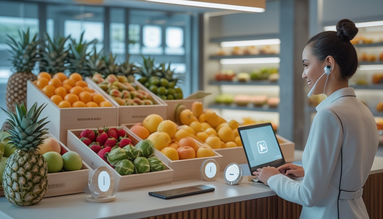 Petugas layanan pelanggan membantu melalui perangkat digital di toko buah modern dengan berbagai buah segar.