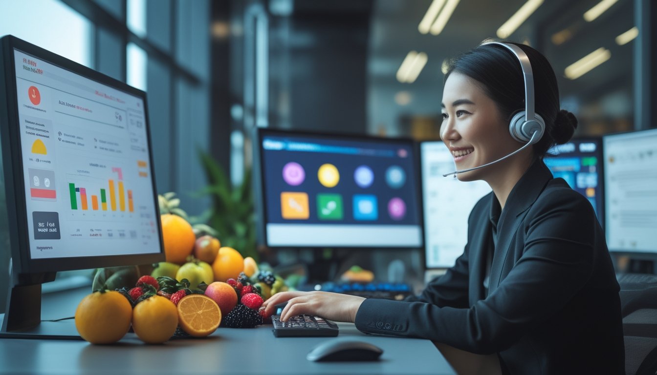 Petugas layanan pelanggan memakai headset bekerja di depan komputer dengan tampilan antarmuka digital bertema buah dan ikon obrolan.