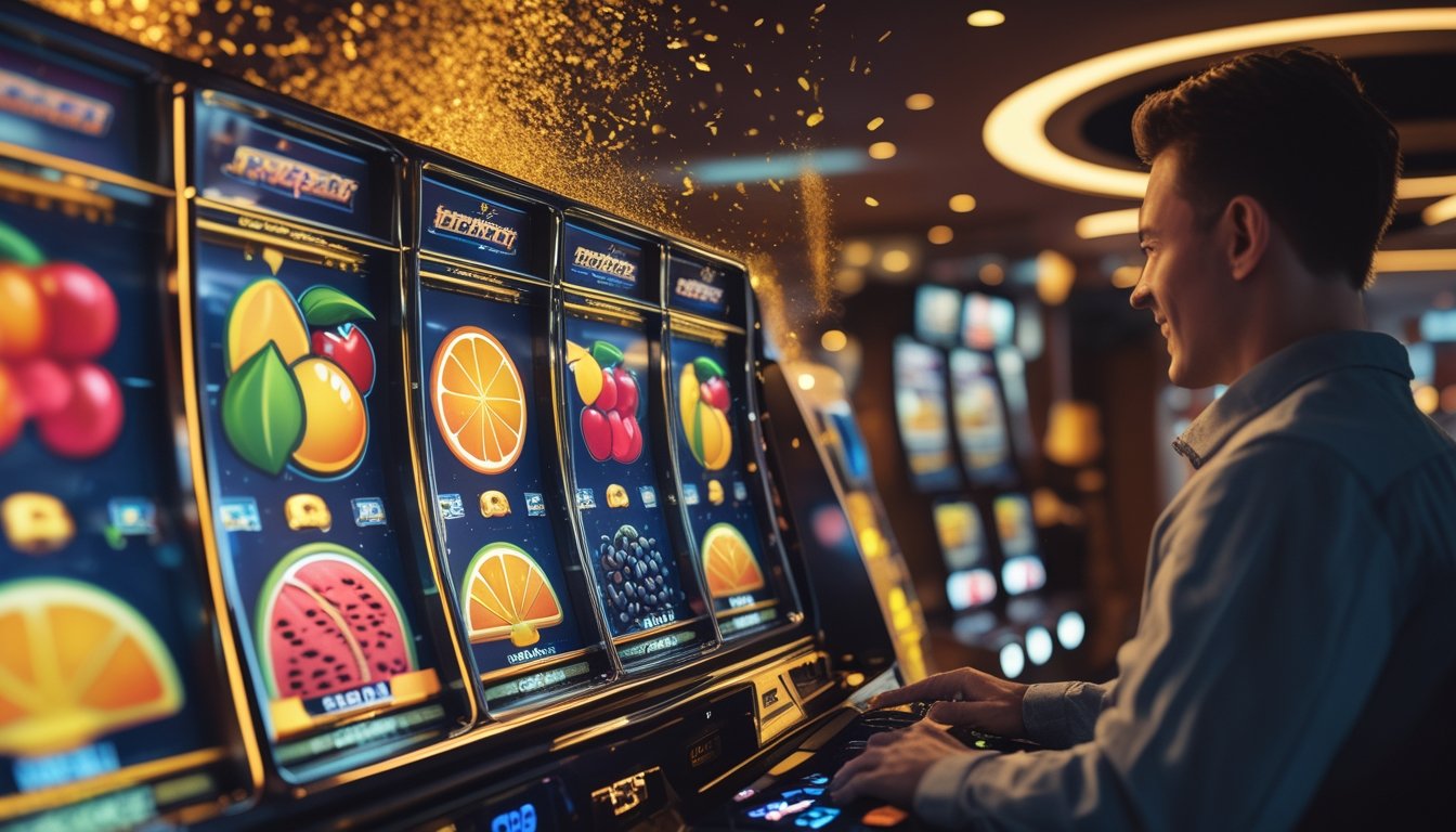 Seorang pemain menikmati permainan slot bertema buah dengan simbol buah berwarna-warni dan suasana kemenangan.