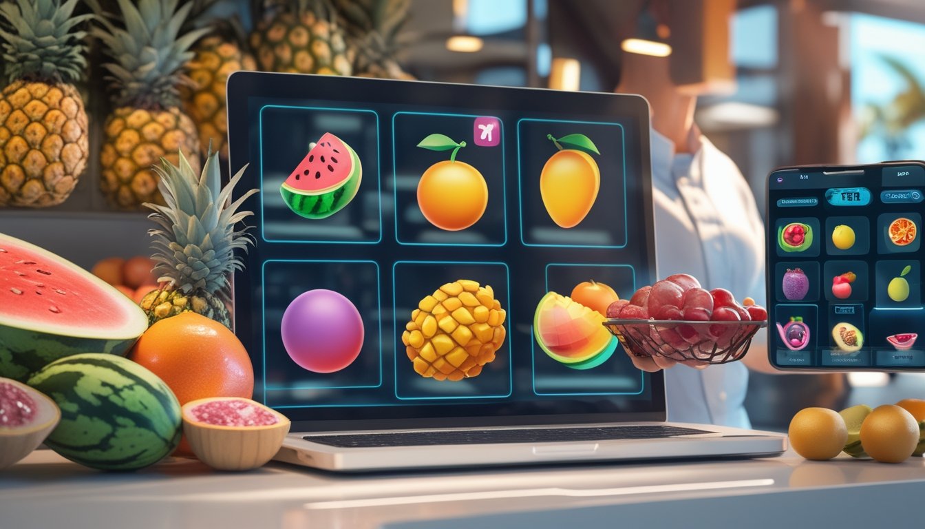 Seorang penjaga toko menata berbagai buah tropis di dekat laptop dan ponsel dalam toko buah yang terang.