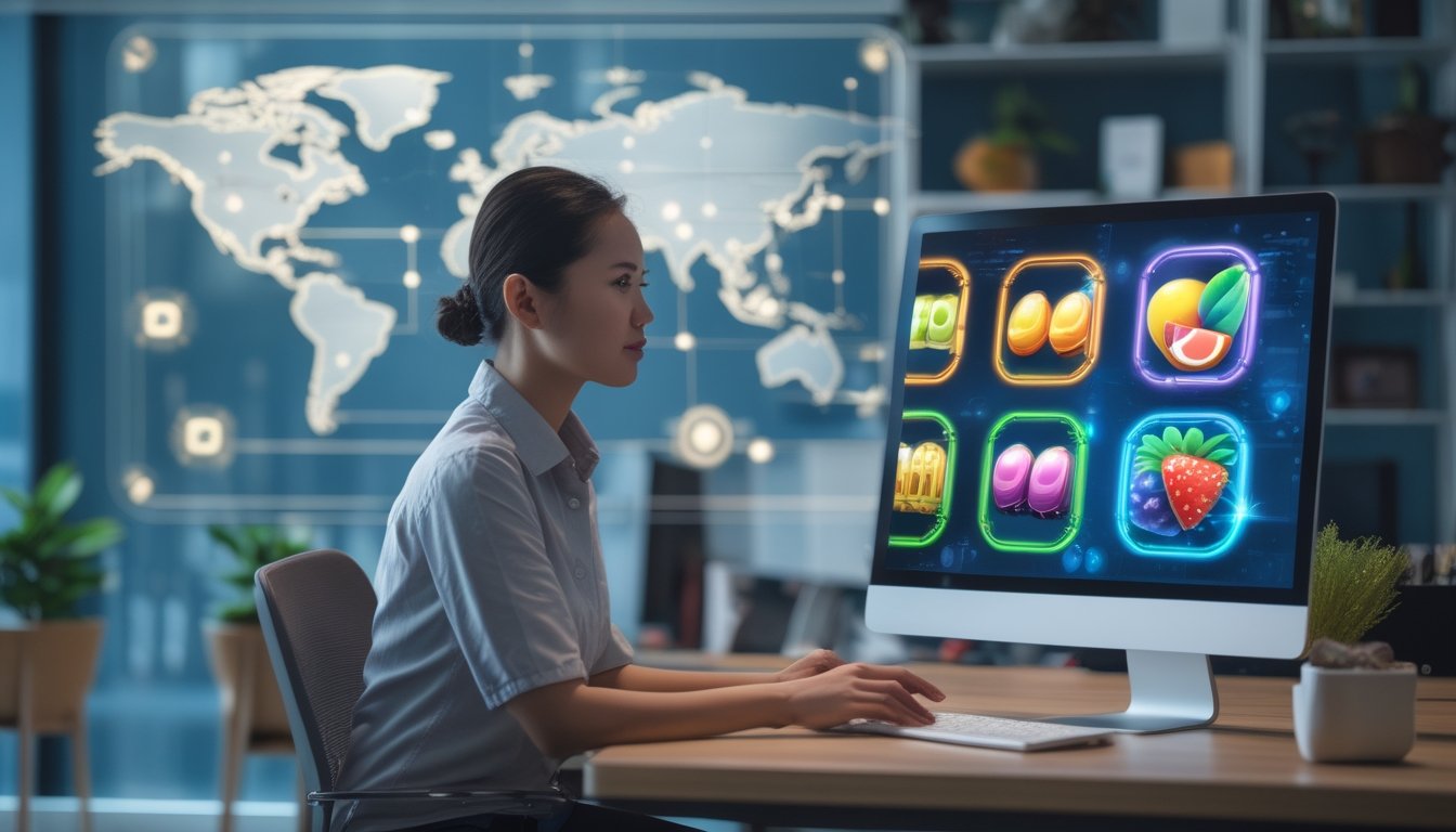 Seseorang melihat permainan bertema buah pada laptop dan ponsel di ruang kerja modern dengan latar peta dunia digital.