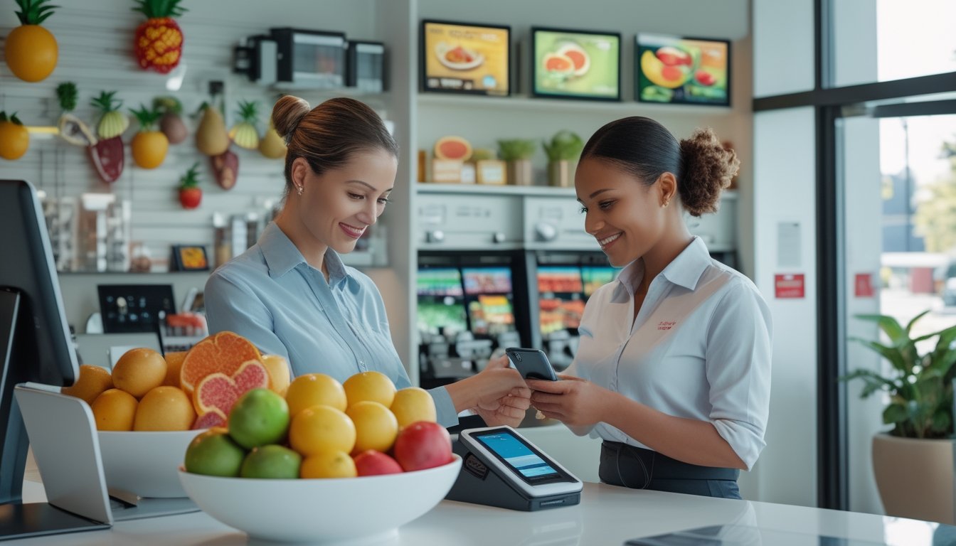 Kasir membantu pelanggan melakukan deposit digital di toko bertema buah yang modern dan aman.
