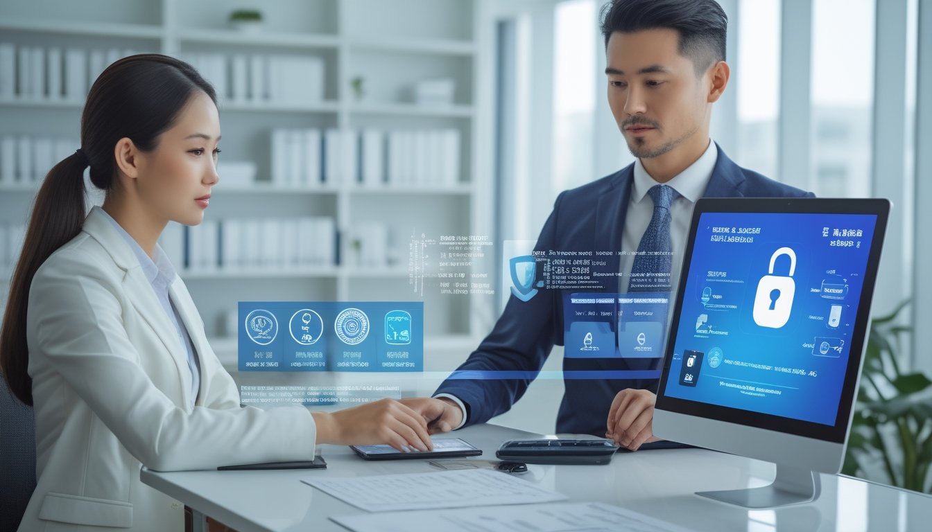 Pelanggan berkonsultasi dengan agen profesional mengenai transaksi digital yang aman di lingkungan kantor modern.