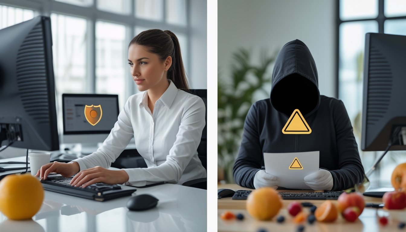 Perbandingan visual antara agen platform buah yang resmi dan penipu di lingkungan kantor.