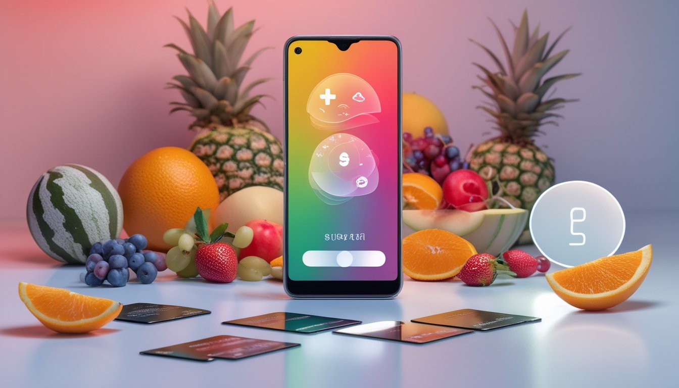 Ponsel dengan tampilan digital abstrak dikelilingi buah-buahan segar dan simbol pembayaran tanpa kontak.