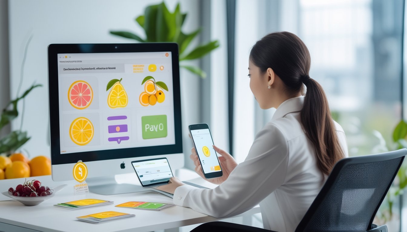 Agen layanan pelanggan membantu pengguna melakukan transaksi digital melalui laptop dan ponsel di ruang kerja modern dengan dekorasi buah.