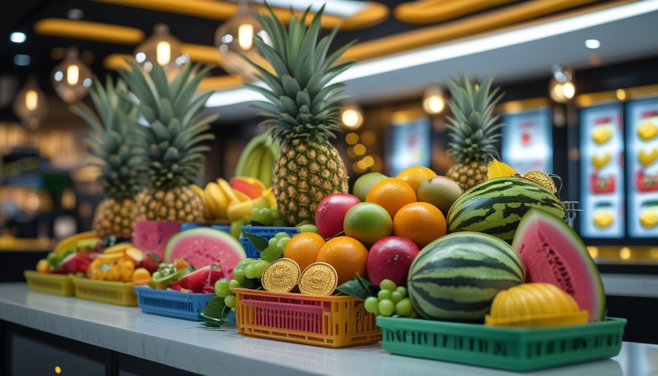 Susunan buah tropis segar dalam toko modern dengan aksen koin berkilau dan dekorasi permainan berbentuk buah.