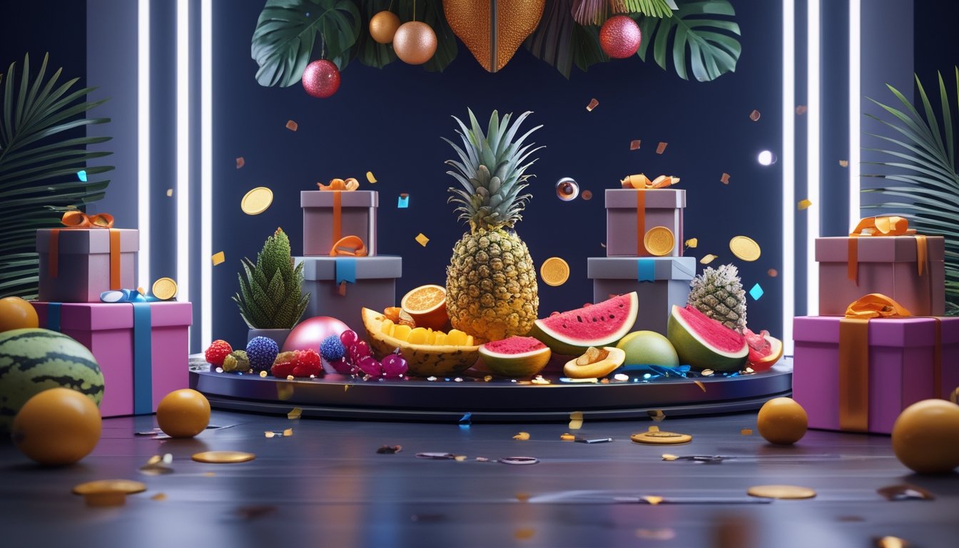 Susunan buah tropis, kotak hadiah, pita perayaan, dan konfeti dalam suasana acara promosi yang meriah.