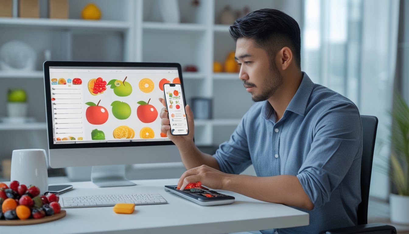 Seorang profesional memeriksa platform digital bertema buah dengan simbol keamanan di laptop dan ponsel.