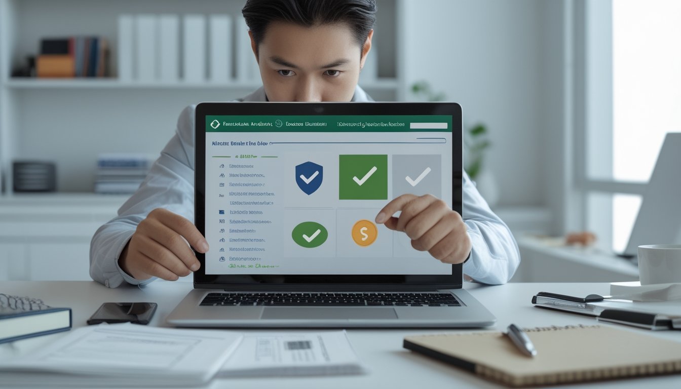 Seseorang memeriksa keamanan dan reputasi platform digital menggunakan laptop dan ponsel di ruang kerja modern.