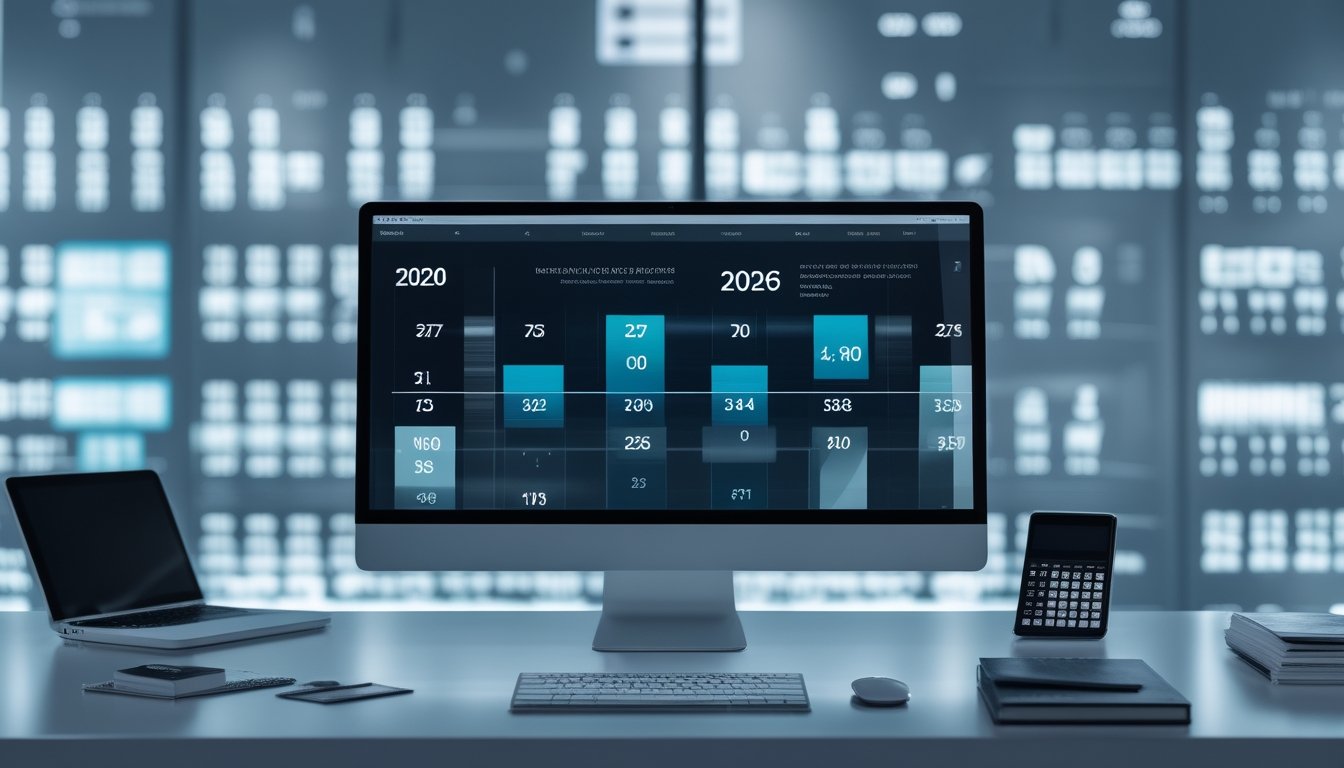 Ruang kerja modern dengan layar komputer yang menampilkan pola angka dan grafik analisis statistik.