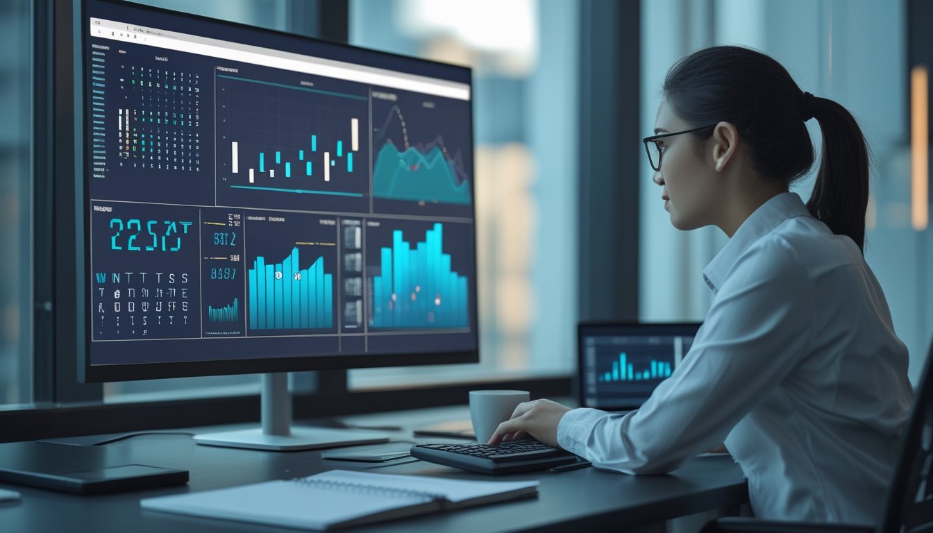 Analis data mengamati grafik dan pola angka abstrak pada monitor di ruang kerja modern.