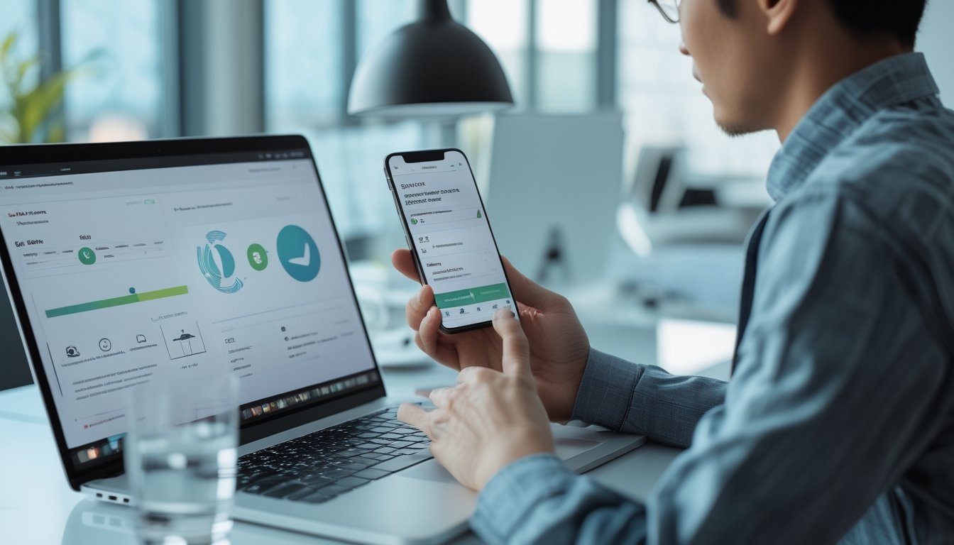 Seseorang menilai dasbor analitik digital dengan simbol keamanan dan verifikasi di laptop serta ponsel.