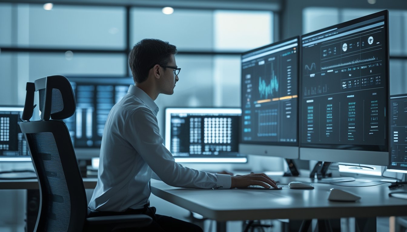 Analis data bekerja di depan beberapa monitor yang menampilkan grafik dan pola angka abstrak.