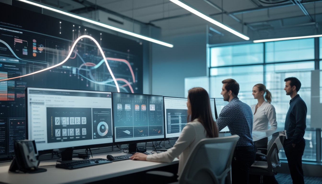 Tim profesional menganalisis visualisasi data dan pola algoritma pada beberapa layar di kantor modern.