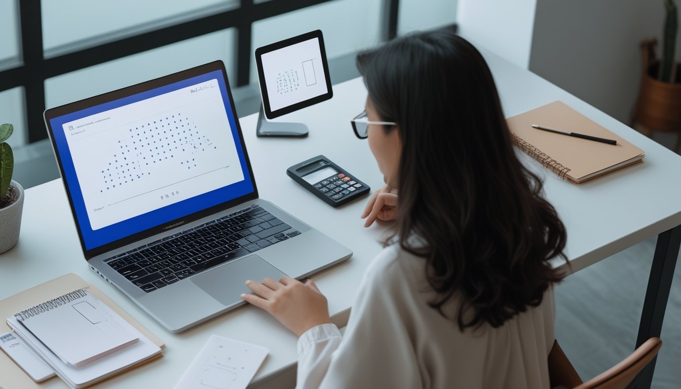 Orang dewasa mempelajari pola angka abstrak di laptop pada meja kerja modern.