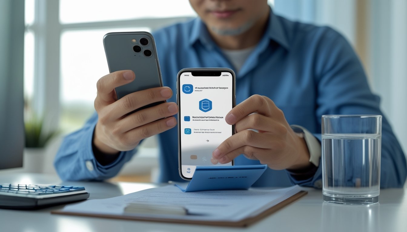 Orang dewasa menggunakan ponsel dengan simbol keamanan digital dan perlengkapan pencatatan anggaran di meja.