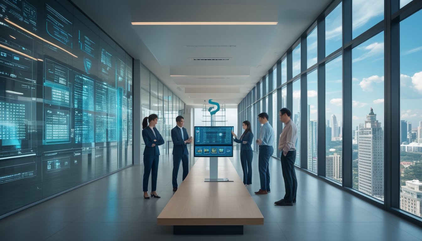 Sekelompok profesional meninjau platform lotere digital yang aman di kantor modern dengan latar kota berteknologi maju.