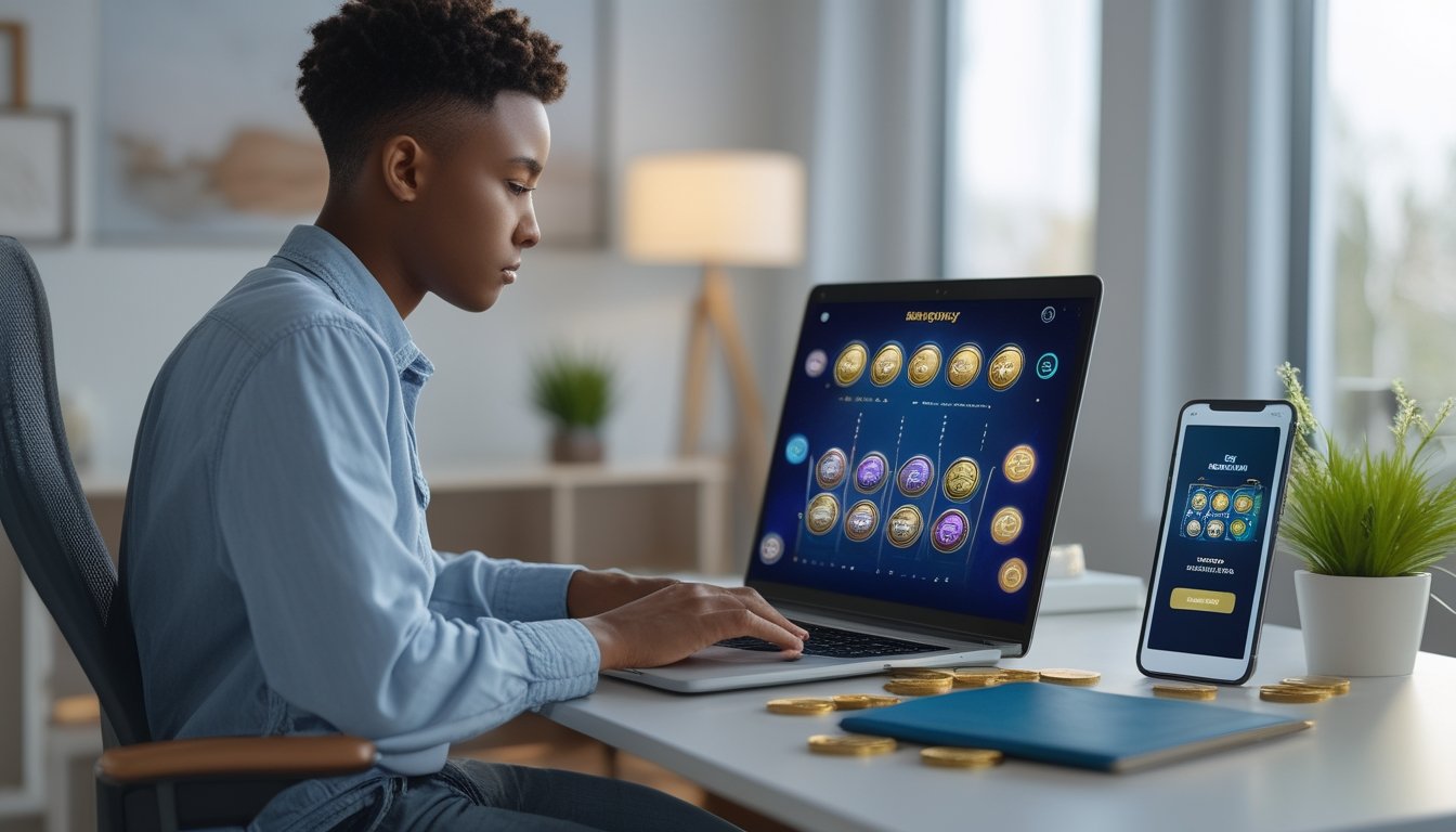 Pemula mempelajari permainan slot di laptop dengan anggaran kecil di meja yang rapi.