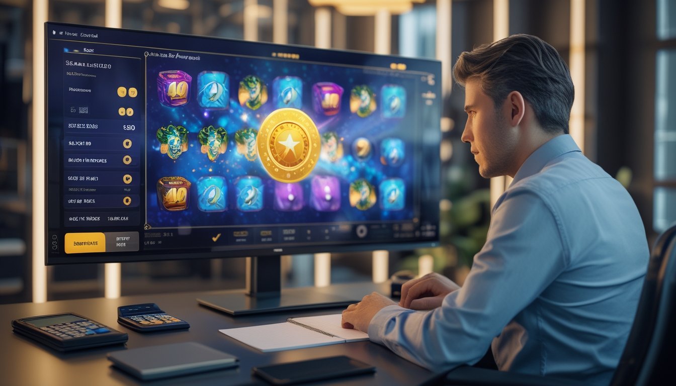 Seorang pemain menganalisis permainan slot digital di depan komputer dengan buku catatan dan kalkulator.