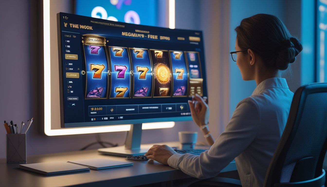 Seorang pemain mempelajari fitur bonus putaran gratis pada layar permainan slot dengan suasana ruang kerja modern.