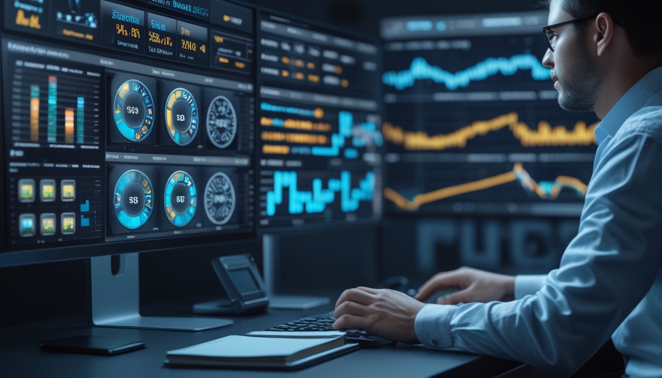 Analis sedang meninjau grafik statistik dan permainan slot digital pada beberapa monitor di meja kerja modern.