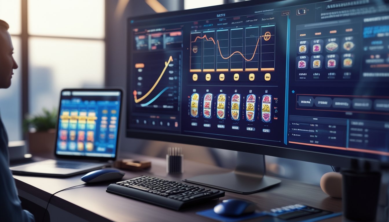 Meja kerja analis dengan layar yang menampilkan grafik statistik dan antarmuka mesin slot modern.