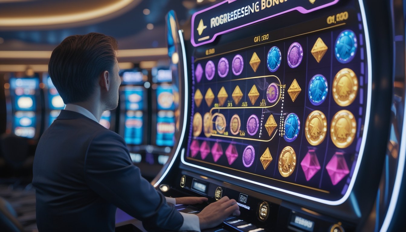 Seorang pemain mempelajari mesin slot futuristis dengan simbol berkilau dan pengganda bonus yang meningkat.
