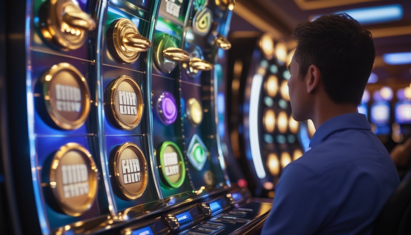 Pemain mengamati mesin slot modern dengan gulungan bercahaya dan elemen pengganda kemenangan yang meningkat.