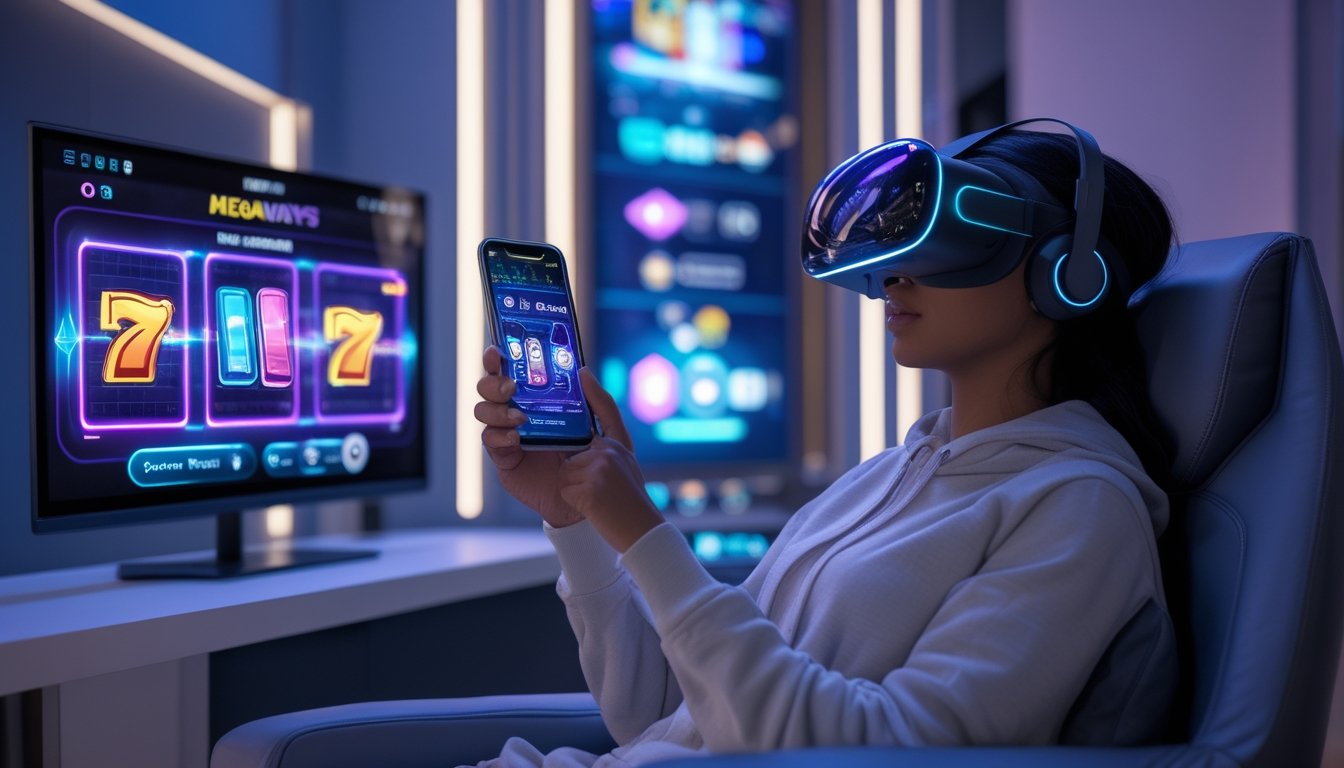 Seorang pemain menggunakan headset realitas virtual sambil memegang ponsel dengan tampilan permainan slot futuristik.