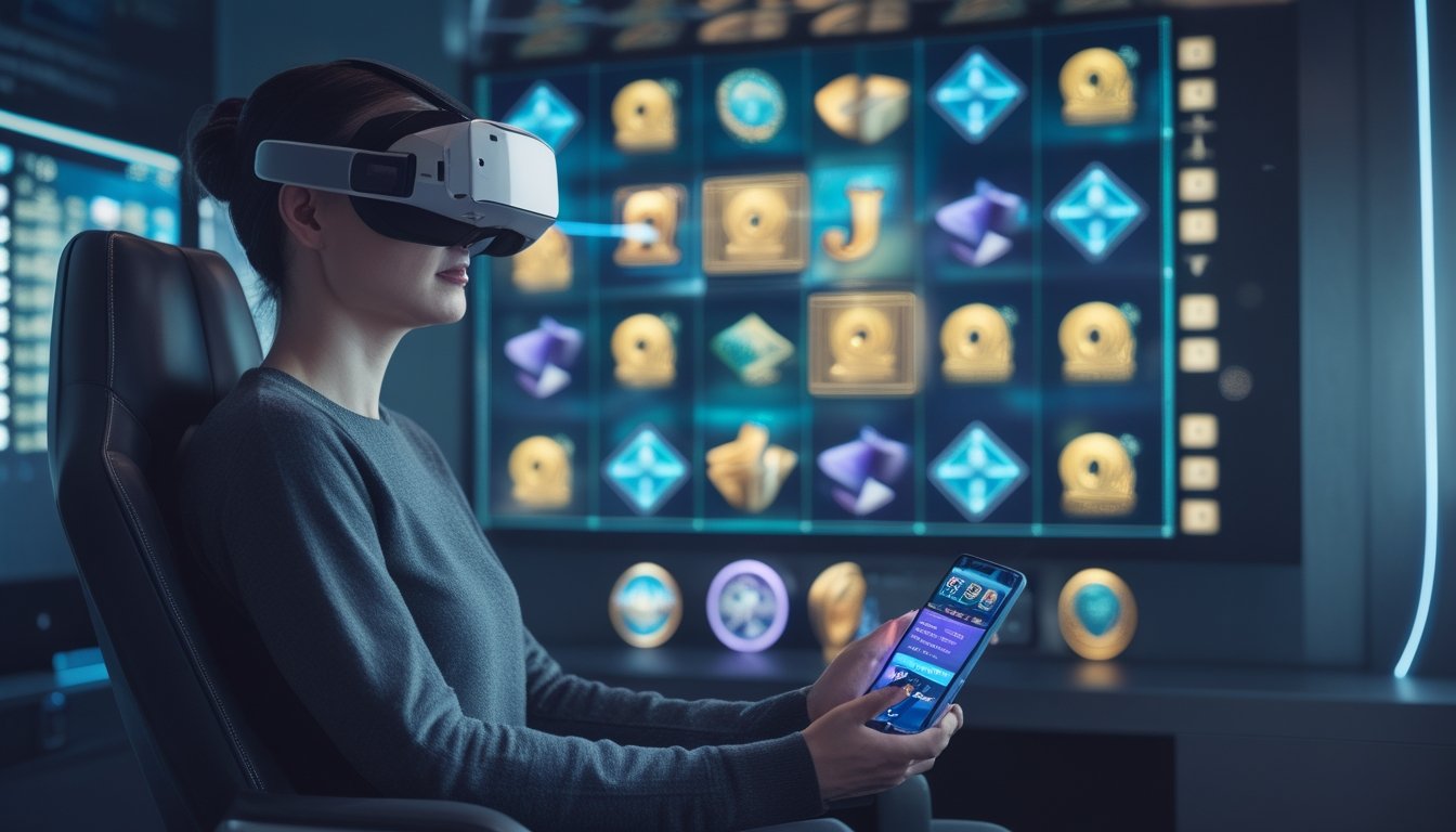 Seorang pemain dewasa menggunakan headset VR dan ponsel dalam suasana permainan digital futuristis.