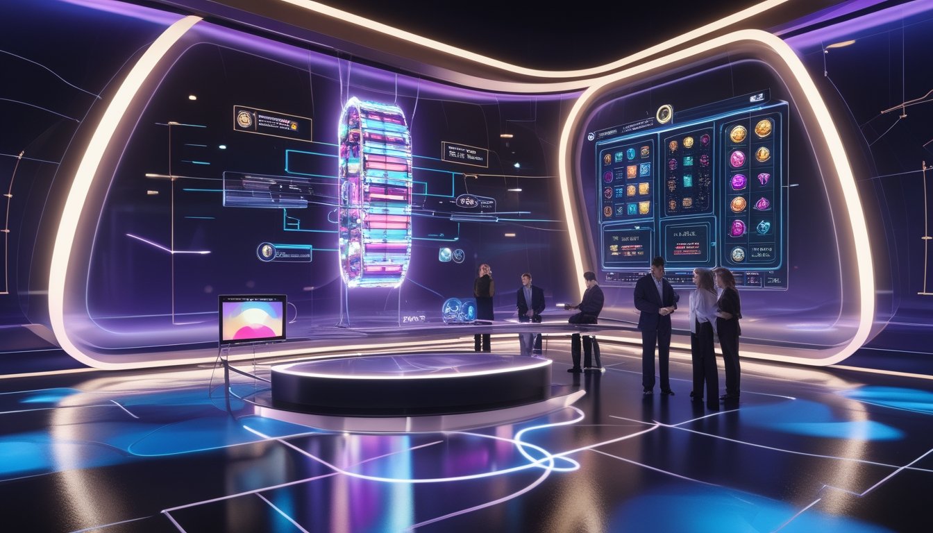 Tim pengembang gim bekerja di studio teknologi futuristis dengan tampilan digital abstrak dan efek cahaya berwarna.