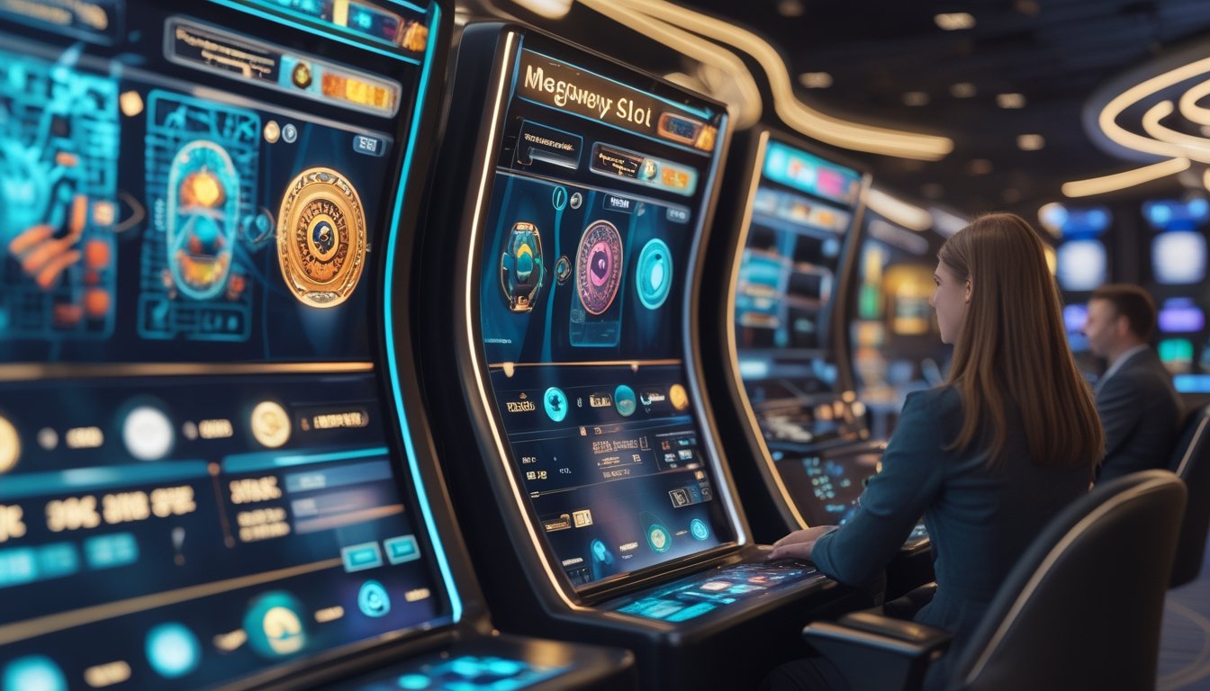 Lingkungan kasino digital futuristis dengan mesin slot modern dan pengembang yang meninjau rancangan permainan holografis.