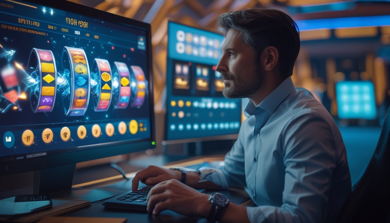 Seorang pemain dewasa menganalisis permainan slot digital modern di ruang hiburan yang elegan.