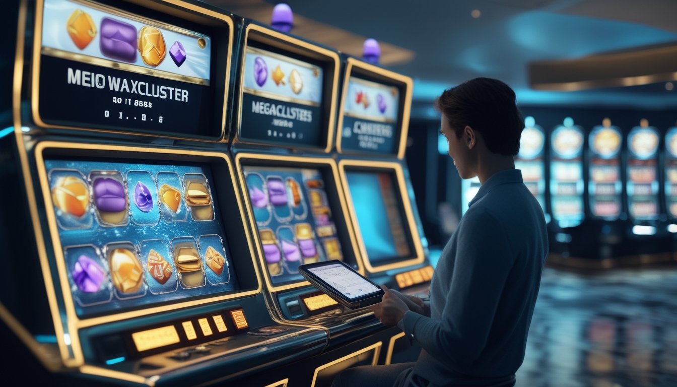 Pemain dewasa mengamati mesin slot futuristis dengan dua tampilan permainan simbol yang berbeda.