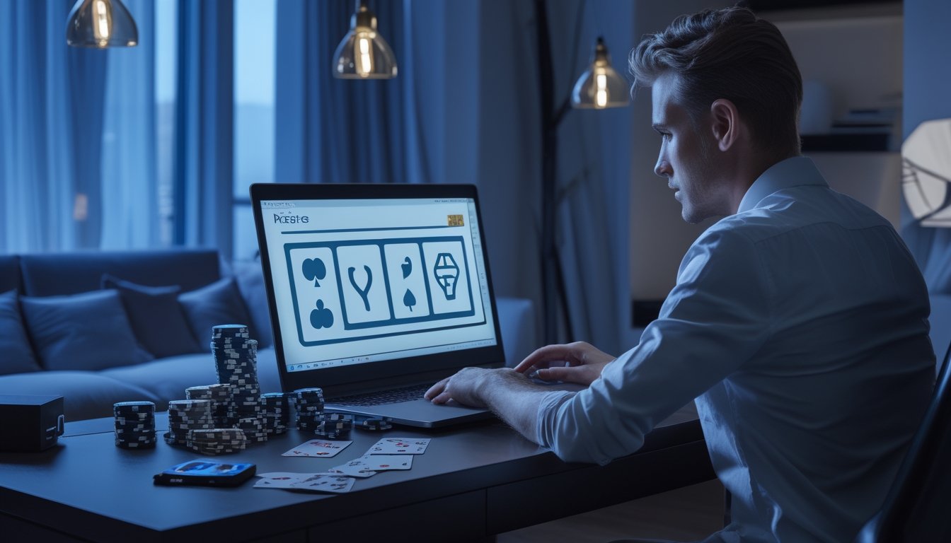 Orang dewasa bermain poker online di meja modern dengan laptop, kartu, dan chip poker.