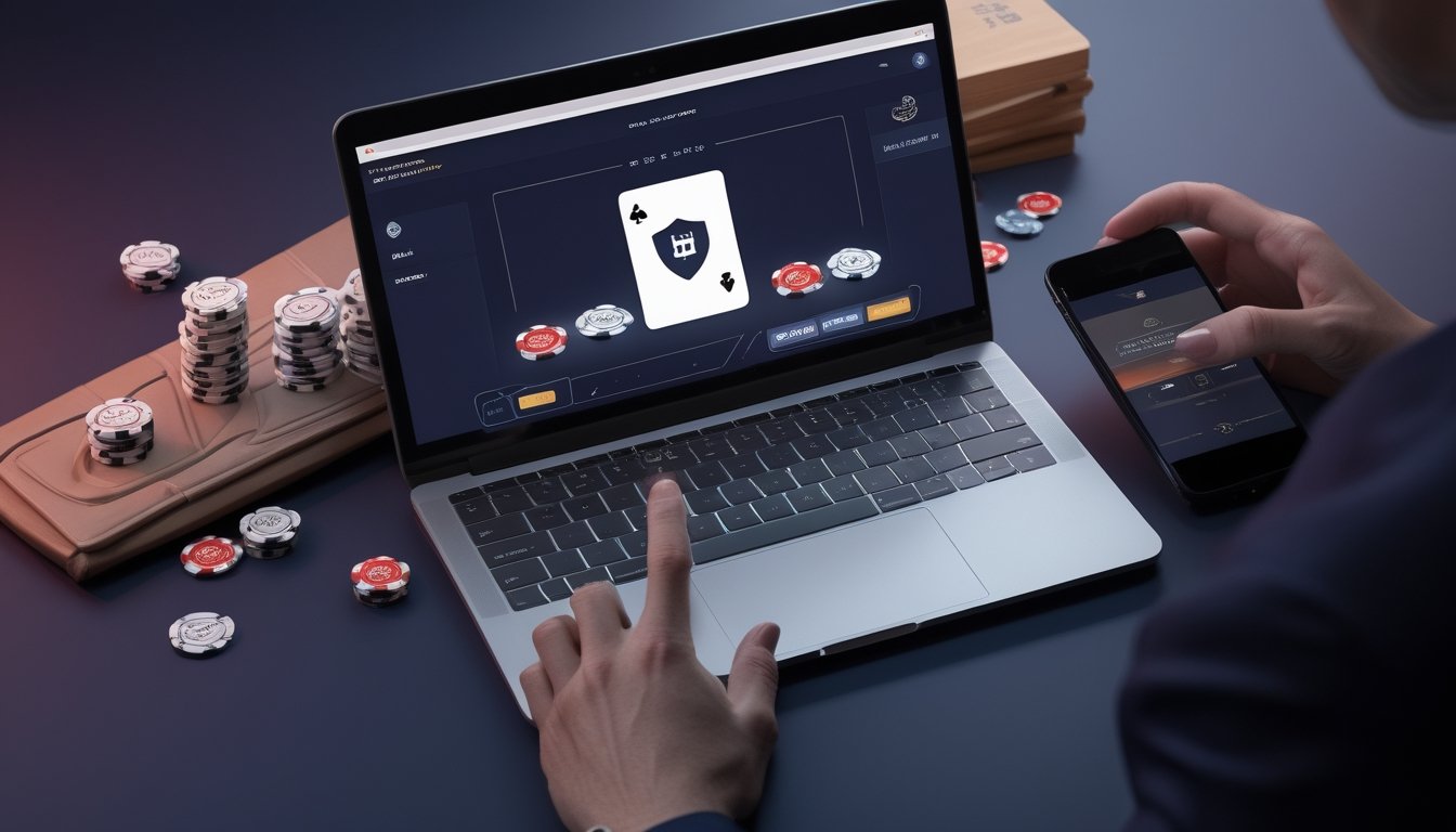 Perangkat laptop dan ponsel menampilkan permainan poker digital dengan kartu dan keping poker di atas meja.