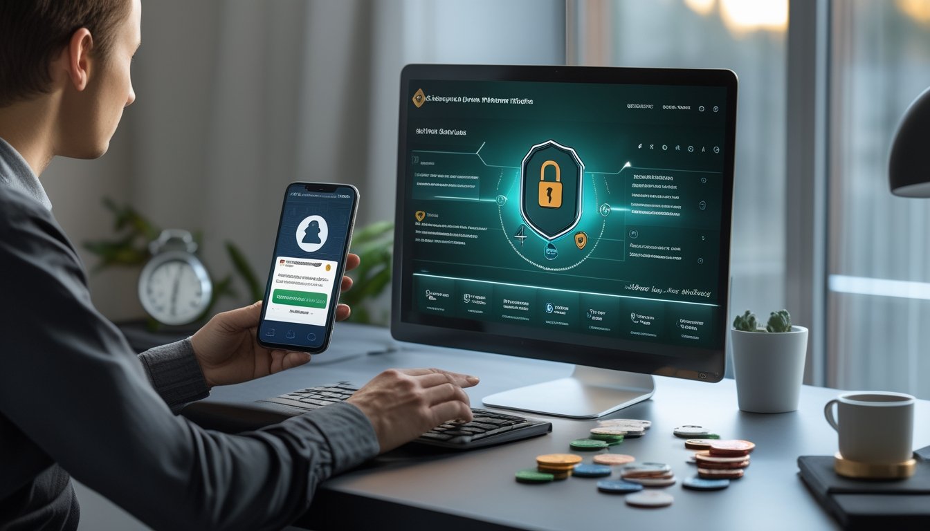 Orang dewasa meninjau platform poker online yang aman di laptop dengan simbol keamanan digital dan perlengkapan poker di meja.